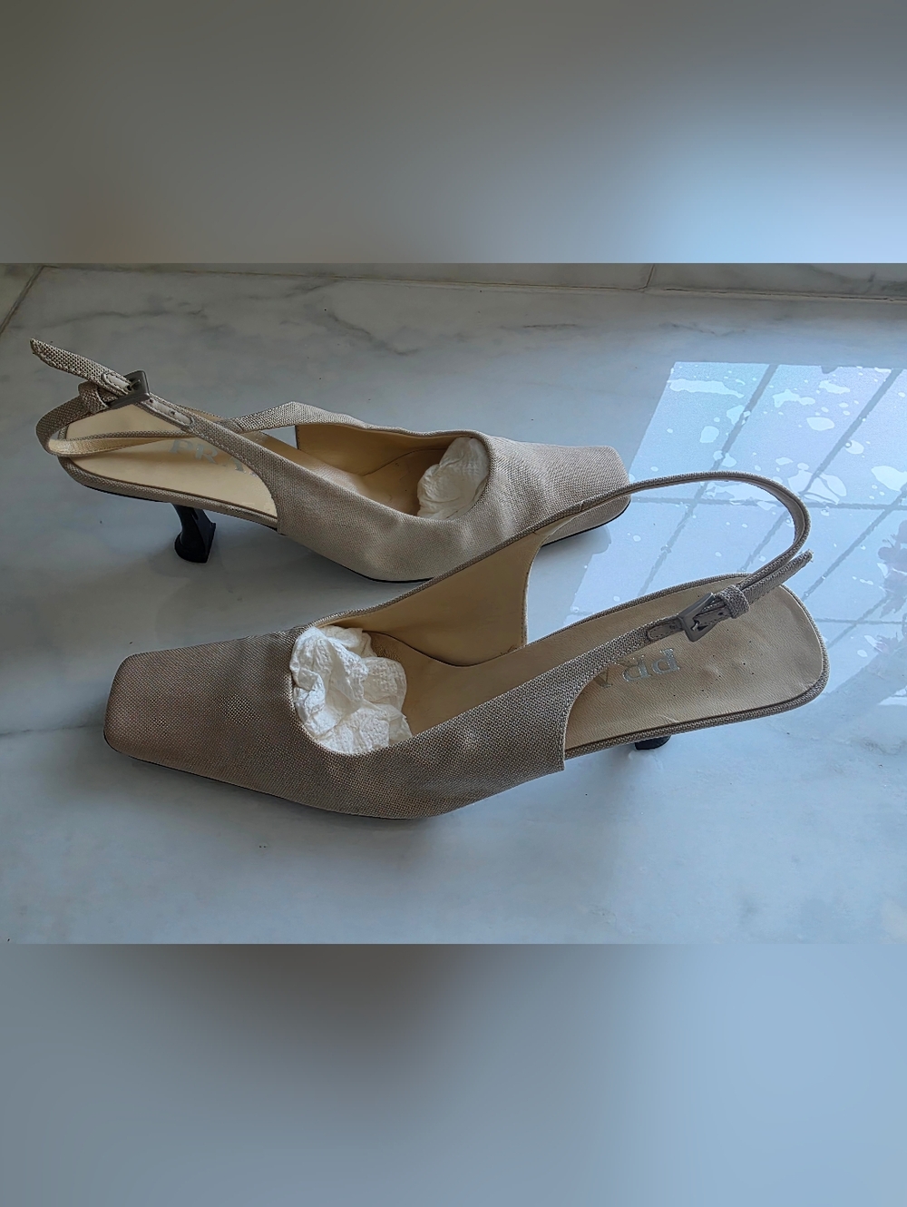 Prada Beige Slingback Heels Kitten Heel Square Toe Pumps Size 39